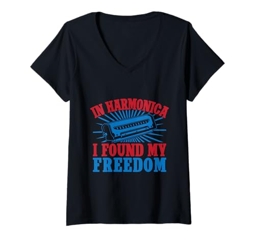 Damen Lustiger Mundharmonika Spieler Found My Freedom T-Shirt mit V-Ausschnitt Damen Lustiger Mundharmonika Spieler Found My Freedom T-Shirt mit V-Ausschnitt von Mundharmonika Geschenke Für Mundharmonika Musiker