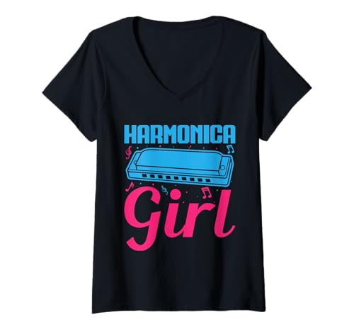 Damen Lustiger Mundharmonika Spieler Girl Mundharmonika T-Shirt mit V-Ausschnitt von Mundharmonika Geschenke Für Mundharmonika Musiker