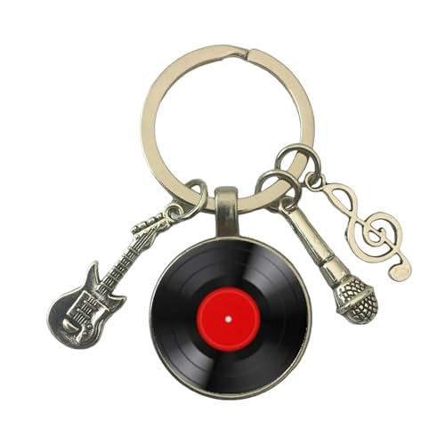 Schlüsselanhänger DJ Disco Vinyl Rot - Schlüsselanhänger mit Schallplatte Schallplatte Schallplatte Plattenspieler Sonneschlüssel Mikrofon und E-Gitarre - Geschenk für Musikliebhaber - Unisex von Mundo Llavero