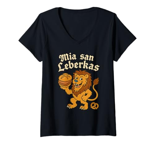 Damen Mia San Leberkas T-Shirt mit V-Ausschnitt von Munich Deluxe
