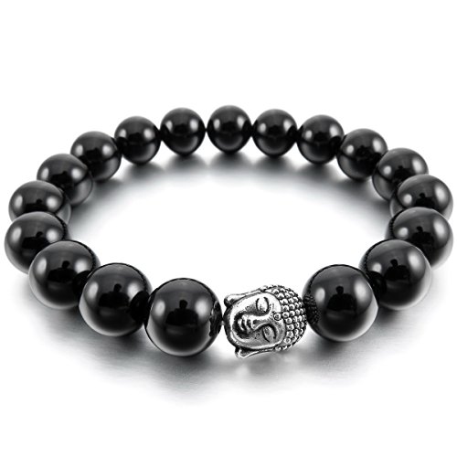 MunkiMix 10mm Metalllegierung Legierung Energiearmband Energie Armband Link Handgelenk EnergieStein Achat Schmuckstück Schwarz Silber Ton Buddha Gebet Mala Kugel Perle Perlen Herren,Damen von MunkiMix