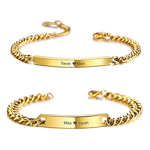 MunkiMix 2 Stück Personalisierte Paar Armbänder Set Benutzerdefinierte Gravur Name für Männer Frauen Freund Freundin Edelstahl Bar Einstellbar Bordstein Link Liebe Beziehung Valentinstag (Gold Farbe) von MunkiMix