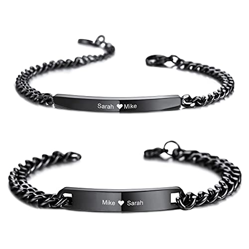 MunkiMix 2 Stück Personalisierte Paar Armbänder Set Benutzerdefinierte Gravur Name für Männer Frauen Freund Freundin Edelstahl Bar Einstellbare Bordstein Link Liebe Beziehung (Schwarze Farbe) von MunkiMix