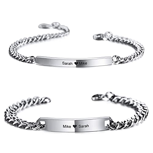 MunkiMix 2 Stück Personalisierte Paar Armbänder Set Individuelle Gravur Name für Männer Frauen Freund Freundin Edelstahl Bar Einstellbare Bordstein Link Liebe Beziehung Valentinstag (Silber Farbe) von MunkiMix