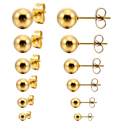 MunkiMix 3~8mm 12 PCS Edelstahl Gestüt Stecker Ohrringe Ohrstecker Ohrhänger Golden Ton Kugel Kugel Perle Perlen Set (6 Paar) Herren,Damen von MunkiMix