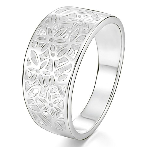 MunkiMix 925 Sterling Silber Band Ring Blume Muster Blatt Laub Filigran Hochzeit Größe 52 (16.6) Damen von MunkiMix