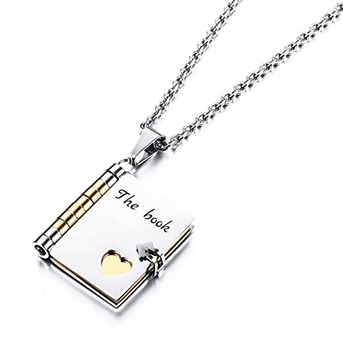 MunkiMix Personalisierte Halskette Gravur für Damen und Herren mit Buch Anhänger literarischer Verstellbare Kette Edelstahl Schmuck Gold/Blau/Schwarz Geschenke für Buchliebhaber Liebes Geschenk von MunkiMix