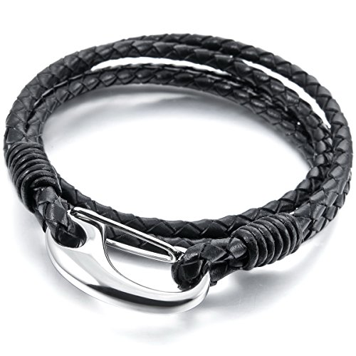 MunkiMix Edelstahl Echtleder Armband Armreifen Manschette Silber Ton Schwarz Herren von MunkiMix