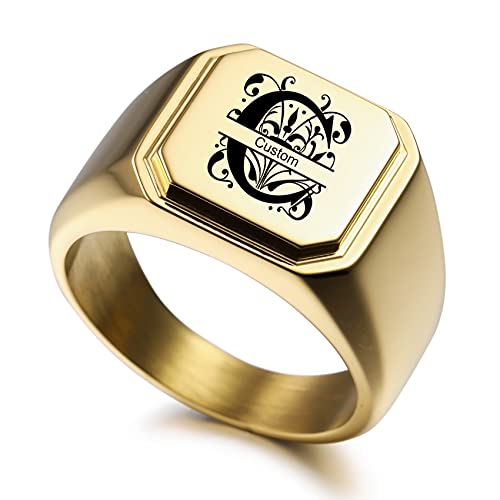 MunkiMix Gravierbarer Brief Signet Edelstahl Ringe mit Fett Initial Monogramm Stil Brief Text Namen Ring für Männer Frauen Paare Schmuck Geschenk (Gold 60) von MunkiMix