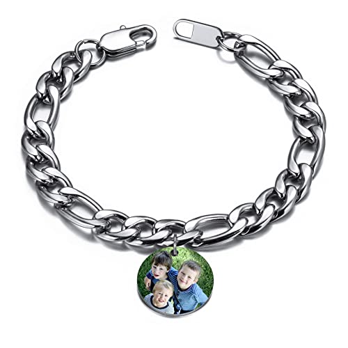 MunkiMix Herren-Armband aus Edelstahl, Gliederarmband, Silber, Panzerkette mit Rundem Anhänger, Individuellem Foto Text von MunkiMix