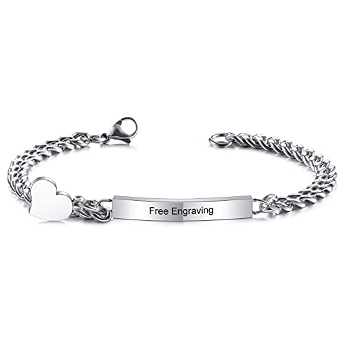 MunkiMix Personalisierte Armbänder Gravur Name Identifikation Stabarmband für Frauen Mädchen Benutzerdefinierte Edelstahl Fußkettchen Link mit Herzanhänger Freundschaft Brautjungferngeschenke von MunkiMix