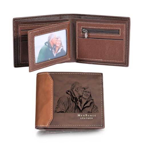 MunkiMix Personalisierte Foto Leder Bifold Geldbörse für Männer Gravierte Skizze Bild/Name Initiale/Text Herren Geldbörse Geschenke für Vater Freund Ehemann (B2-Name Initiale & Innentext, Dunkelbraun) von MunkiMix