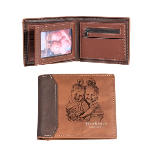 MunkiMix Personalisierte Foto Leder Bifold Geldbörsen für Männer Benutzerdefinierte Gravierte Skizze Bild/Text Herren Geldbörse Geschenke für Ihn Vater Freund Ehemann Sohn (B1-2 Texte, Hellbraun) von MunkiMix