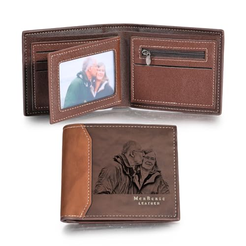 MunkiMix Personalisierte Foto Leder Bifold Geldbörsen für Männer Benutzerdefinierte Gravierte Skizze Bild/Text Herren Geldbörse Geschenke für Ihn Vater Freund Ehemann Sohn (B2-2 Texte, Dunkelbraun) von MunkiMix