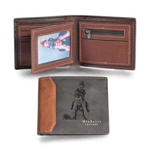 MunkiMix Personalisierte Foto Leder Bifold Geldbörsen für Männer Benutzerdefinierte Gravierte Skizze Bild/Text Herren Geldbörse Geschenke für Ihn Vater Freund Ehemann Sohn (B3-2 Texte, Schwarz) von MunkiMix