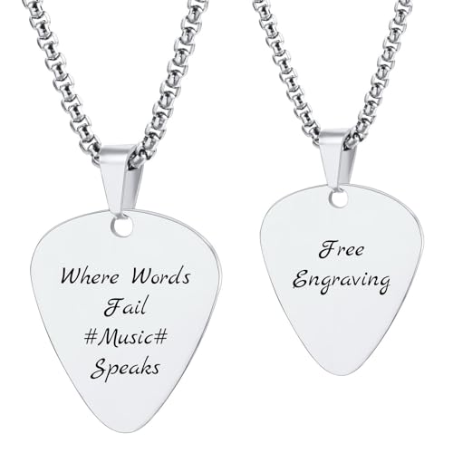 MunkiMix Personalisierte Gitarren Plektrum Halskette für Männer Frauen Coole Charme Felsen Stil Graviert mit Text/Foto Edelstahl Gitarren Anhänger Geschenke für Musikliebhaber (A1) von MunkiMix