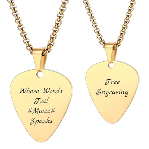 MunkiMix Personalisierte Gitarren Plektrum Halskette für Männer Frauen Coole Charme Felsen Stil Graviert mit Text/Foto Edelstahl Gitarren Anhänger Geschenke für Musikliebhaber (C1) von MunkiMix