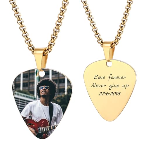 MunkiMix Personalisierte Gitarren Plektrum Halskette für Männer Frauen Coole Charme Felsen Stil Graviert mit Text/Foto Edelstahl Gitarren Anhänger Geschenke für Musikliebhaber (C2) von MunkiMix