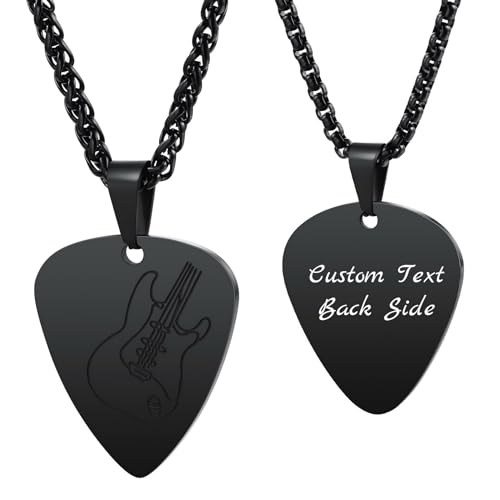 MunkiMix Personalisierte Gitarren Plektrum Halskette für Männer Frauen Coole Charme Felsen Stil Graviert mit Text/Foto Edelstahl Gitarren Anhänger Geschenke für Musikliebhaber (D2) von MunkiMix