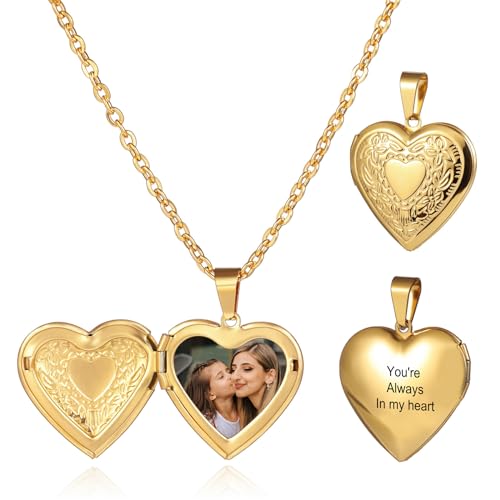 MunkiMix Personalisierte Herz Medaillon Halskette für Frauen Gravierte Text Anhänger Halskette Innen mit Bild Silber/Gold/Roségold Medaillon Anhänger Geschenke für Frauen (A2-20'') von MunkiMix