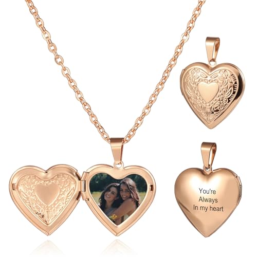 MunkiMix Personalisierte Herz Medaillon Halskette für Frauen Gravierte Text Anhänger Halskette Innen mit Bild Silber/Gold/Roségold Medaillon Anhänger Geschenke für Frauen (A3-18'') von MunkiMix