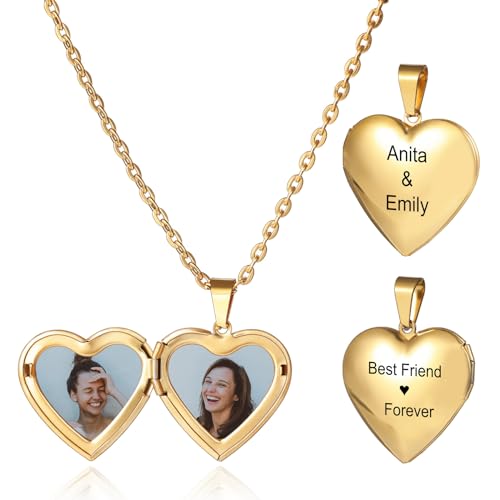 MunkiMix Personalisierte Herz Medaillon Halskette für Frauen Gravierte Text Anhänger Halskette Innen mit Bild Silber/Gold/Roségold Medaillon Anhänger Geschenke für Frauen (B2-20'') von MunkiMix