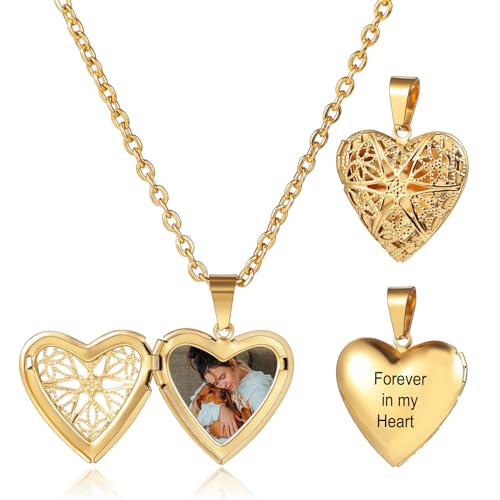 MunkiMix Personalisierte Herz Medaillon Halskette für Frauen Gravierte Text Anhänger Halskette Innen mit Bild Silber/Gold/Roségold Medaillon Anhänger Geschenke für Frauen (C2-18'') von MunkiMix