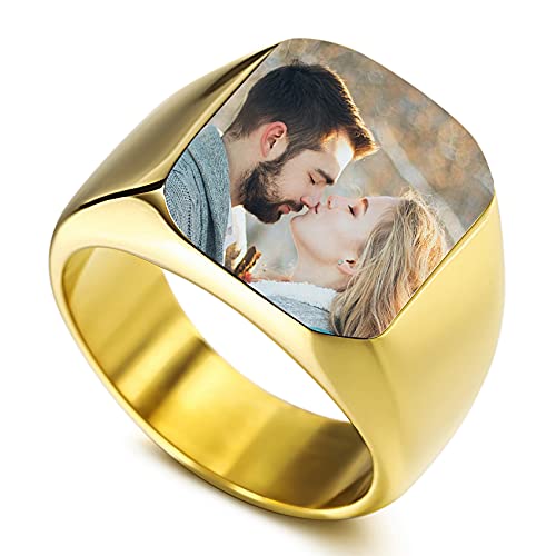 MunkiMix Personalisierter Edelstahl Siegelring Personalisierter Farbfoto für Männer Frauen Paare Beste Freunde mit Ringgrößenverstellung (Gold Farbe Größe 70) von MunkiMix