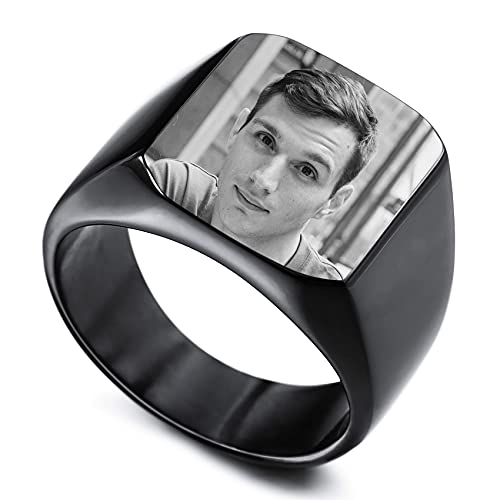 MunkiMix Personalisierter Edelstahl-Siegelring Personalisierter Schwarz-Weiß-Foto für Männer Frauen Paare Beste Freunde mit Ringgrößenverstellung (Schwarze Farbe Größe 70) von MunkiMix
