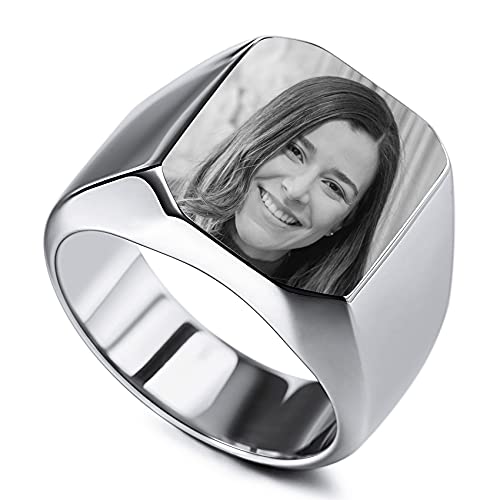 MunkiMix Personalisierter Edelstahl-Siegelring Personalisierter Schwarz-Weiß-Foto für Männer Frauen Paare Beste Freunde mit Ringgrößenverstellung (Silber Farbe Größe 70) von MunkiMix