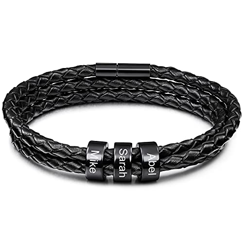 MunkiMix Personalisiertes Herren Echtes Lederarmband mit 2-6 Kundenspezifischen Perlen Edelstahl Gravierte ID Geflochtene Armbänder Magnetverschluss für Paare Männer Freund Familie Geschenke von MunkiMix