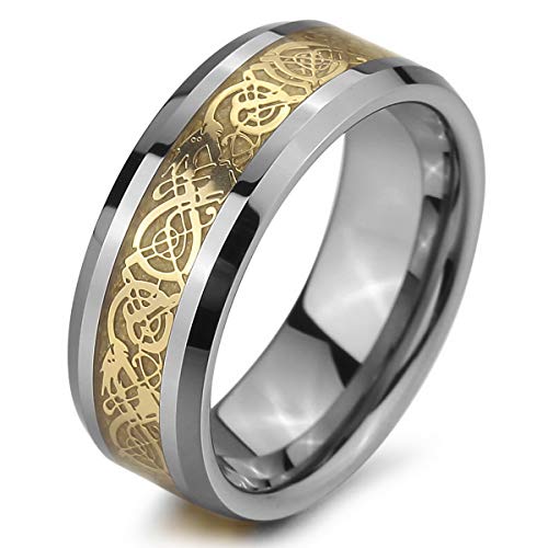 MunkiMix Wolframcarbid Wolfram Ring Band Silber Golden Ton Irish Celtic Knot Irischen Keltisch Knoten Drachen Hochzeit Größe 57 (18.1) Herren von MunkiMix