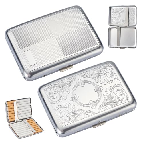 Murago - 2er Set Zigarettenetui 14er Metall mit Muster - Silber-farbig gebürstet für 14 Zigaretten mit Metallclips Box Damen Herren Accessoire klein von Murago