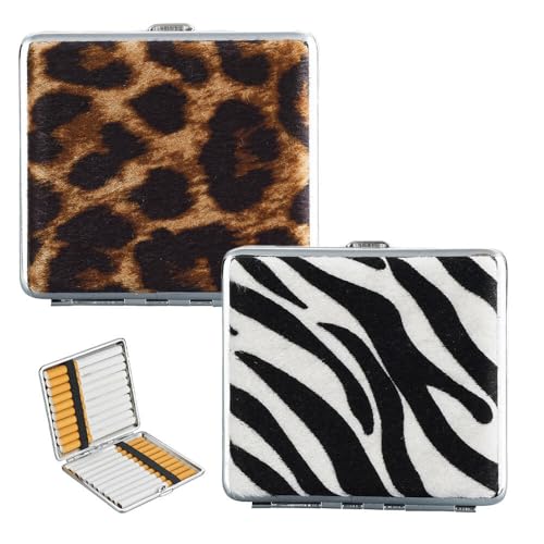 Murago - 2er Set Zigarettenetui je für ca. 20 Zigaretten geeignet - mit Gummiband Zigarettenbox Leoprint Zebraprint Metall Textil Plüsch Etui Accessoires Braun Weiß Schwarz für Damen Frauen von Murago
