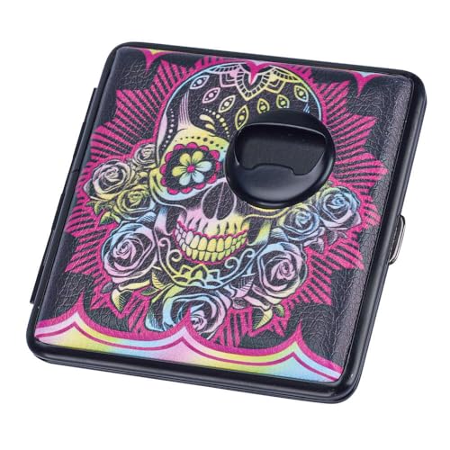 Murago - Zigarettenetui Skull & Flaschenöffner 20er - Schädel mit Blumen Etui für 20 Zigaretten mit Flaschenöffner Zigarettenbox Schwarz von Murago