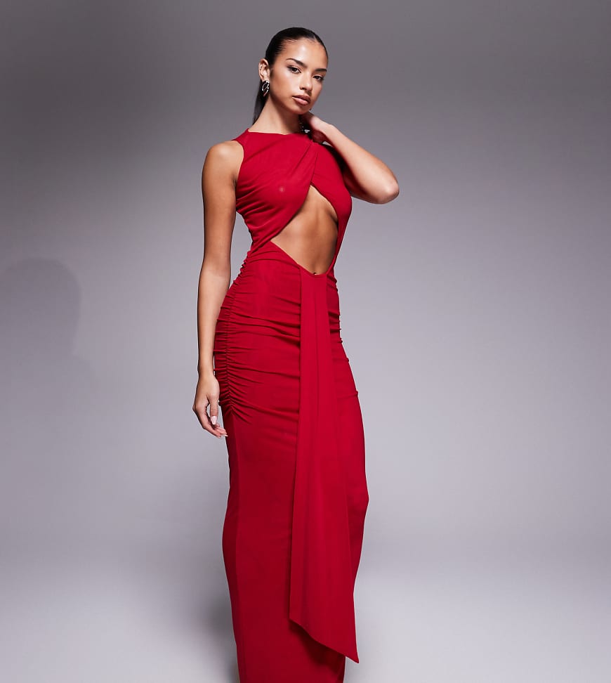 Murci - Exklusiv - Ärmelloses Maxikleid in Rot mit Schlitzausschnitt, überkreuztem Zierausschnitt auf der Vorderseite mit drapiertem Detail von Murci