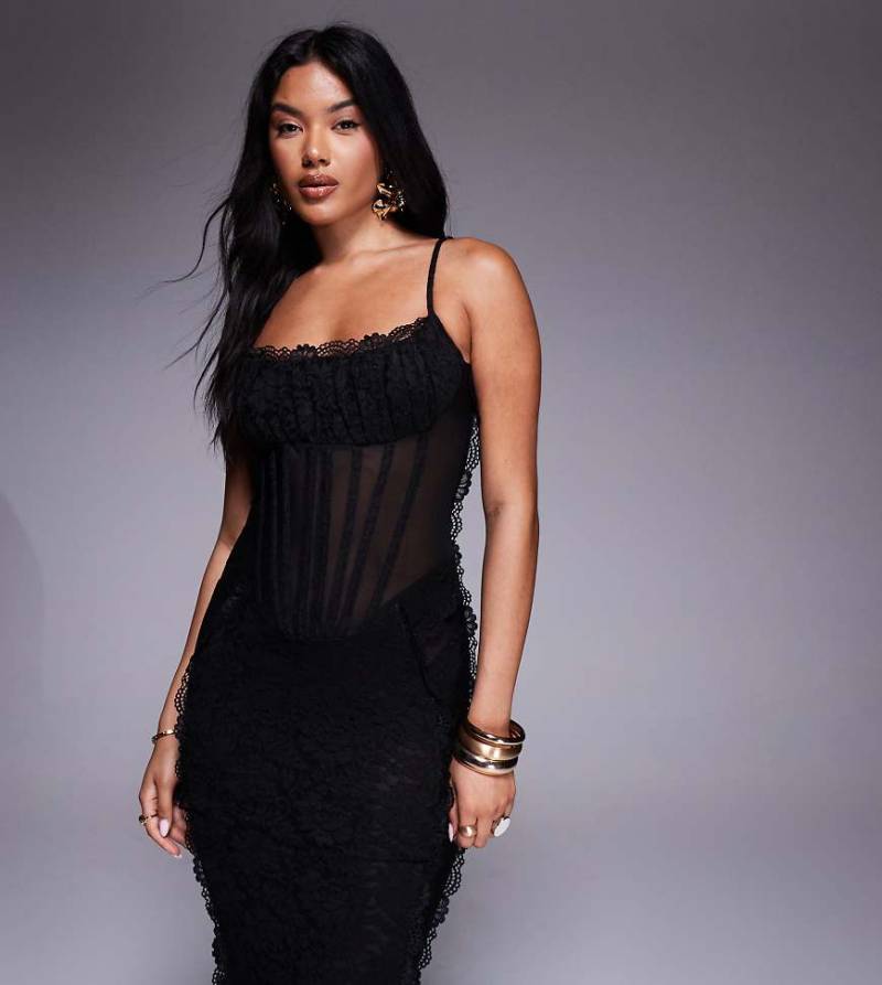 Murci - Exklusiv - Camisole-Maxikleid in Schwarz mit Spitzen-Korsett von Murci