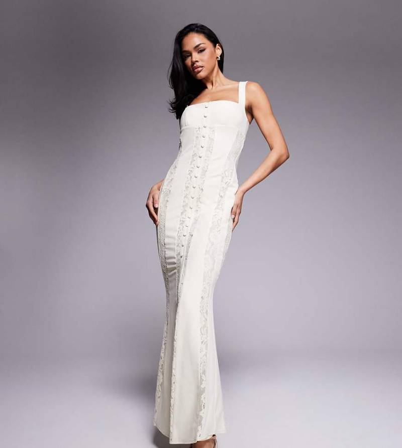 Murci - Exklusiv - Maxikleid in Creme mit eckigem Ausschnitt und transparentem Spitzeneinsatz-Weiß von Murci