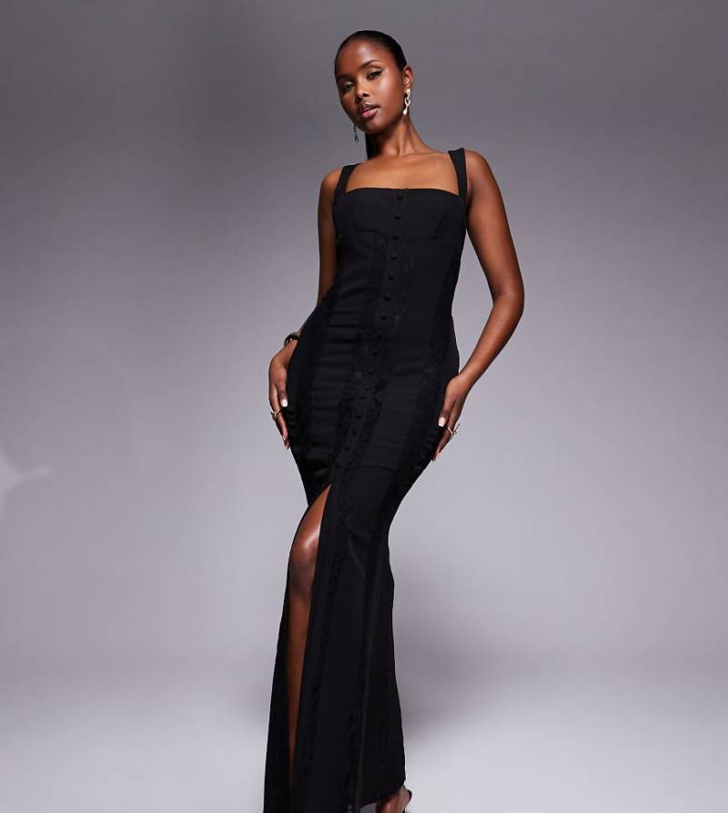 Murci - Exklusiv - Maxikleid in Schwarz mit eckigem Ausschnitt und transparentem Spitzeneinsatz-Weiß von Murci