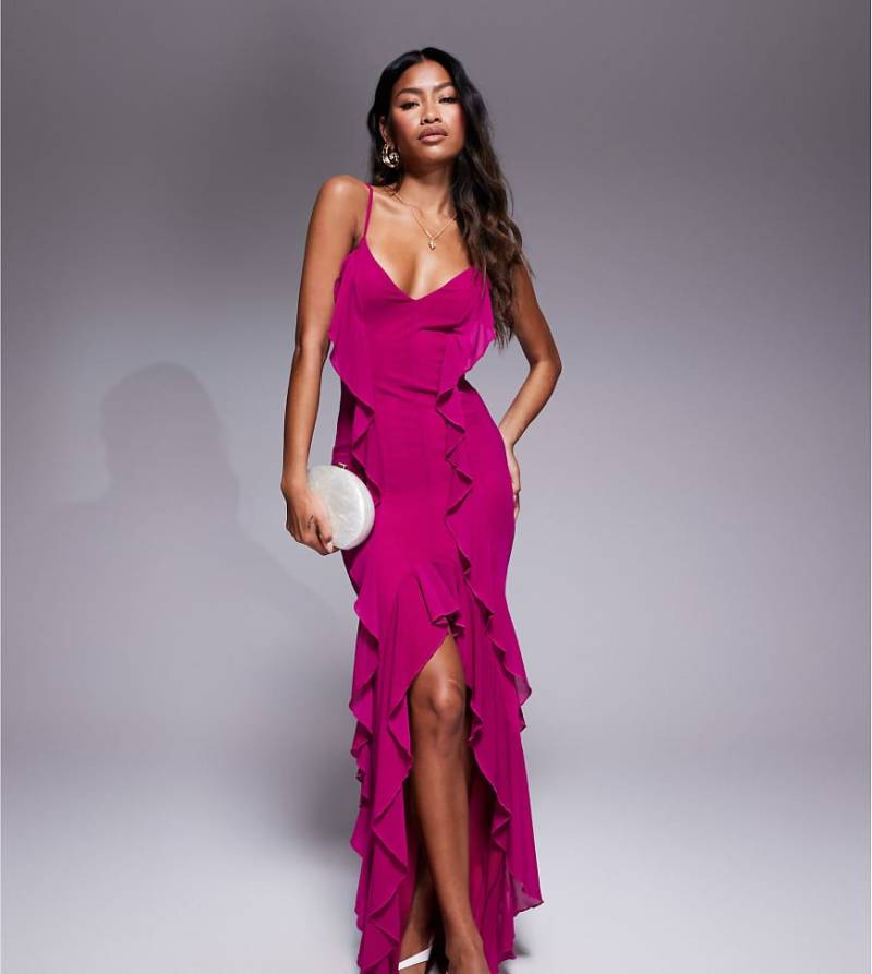 Murci Exklusiv - Maxikleid in dunklem Pink mit schmalen Trägern, Rüschenverzierung und Schlitz vorne-Lila Murci Exklusiv - Maxikleid in dunklem Pink mit schmalen Trägern, Rüschenverzierung und Schlitz vorne-Lila von Murci