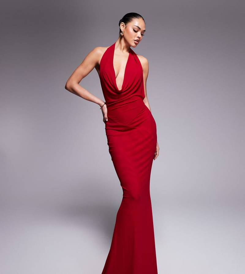 Murci - Exklusiv - Neckholder-Maxikleid aus Netzstoff in Rot mit Wasserfall-Ausschnitt und Rückenausschnitt von Murci