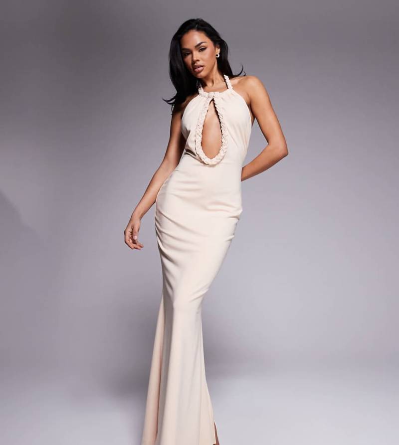 Murci Exklusiv - Doppellagiges Neckholder-Maxikleid aus anschmiegsamem Stoff in Creme mit Schlüsselloch-Detail und Besatz im Seildesign-Rosa von Murci