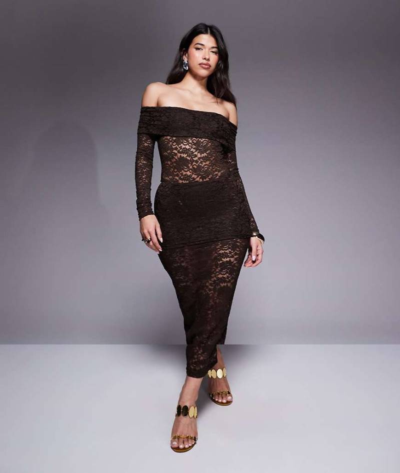 Murci - Exklusiv - Set aus transparenter Spitze in Rot, bestehend aus Body mit Carmen-Ausschnitt und Maxirock mit umgeschlagenem Bund-Brown von Murci