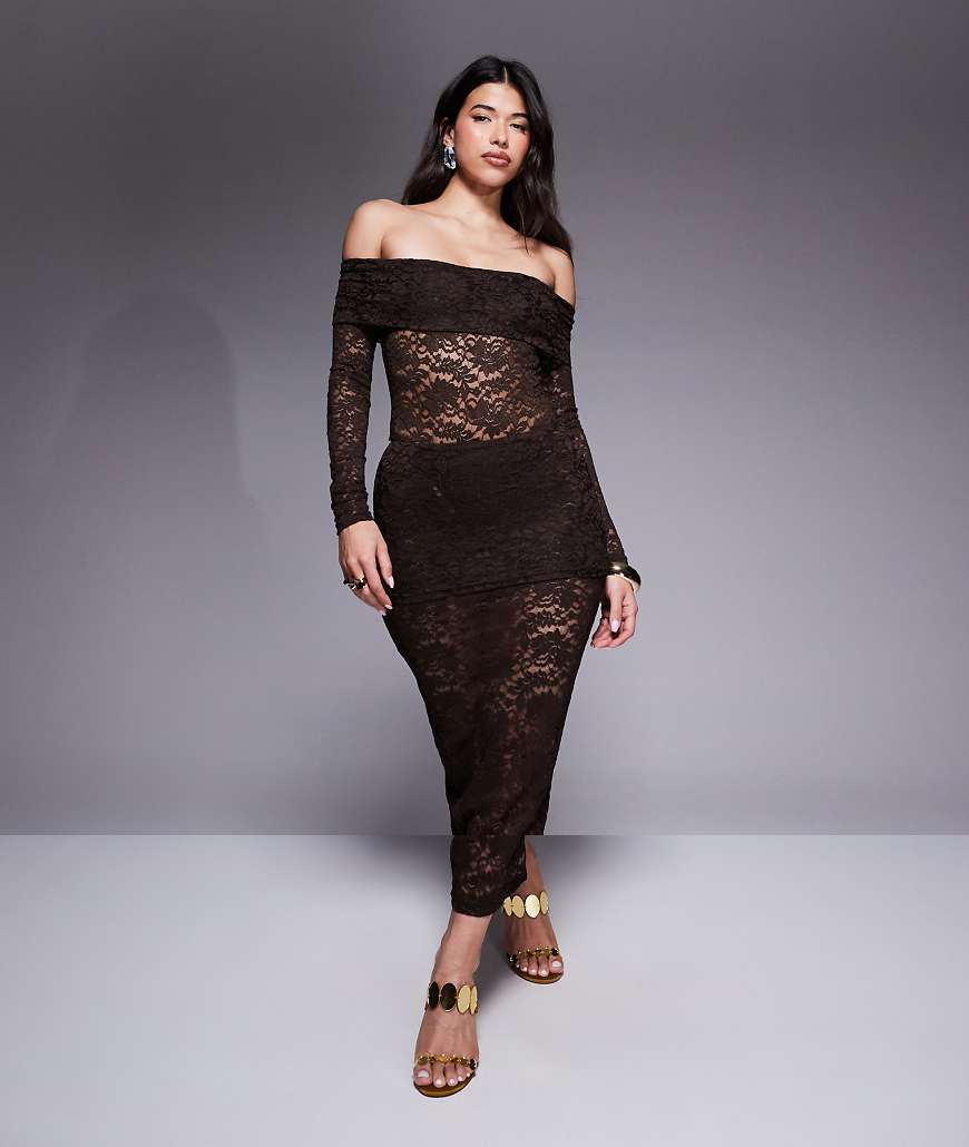 Murci - Exklusiv - Set aus transparenter Spitze in Rot, bestehend aus Body mit Carmen-Ausschnitt und Maxirock mit umgeschlagenem Bund-Brown von Murci