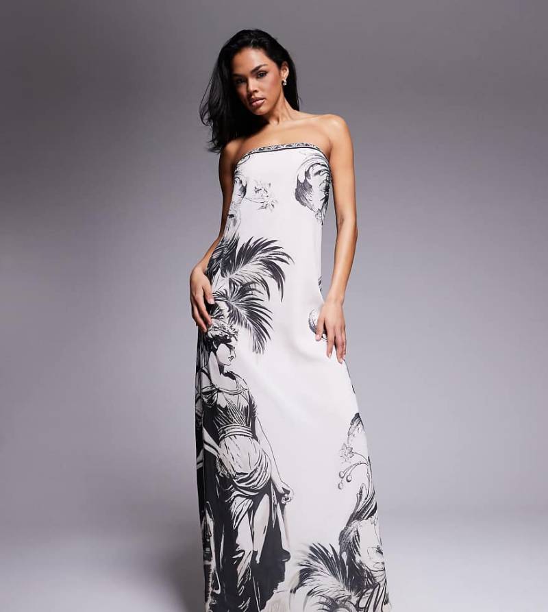 Murci Exklusiv - Trapezförmiges, trägerloses Maxikleid aus Chiffon in Weiß mit schwarzem Palmendruck Murci Exklusiv - Trapezförmiges, trägerloses Maxikleid aus Chiffon in Weiß mit schwarzem Palmendruck von Murci