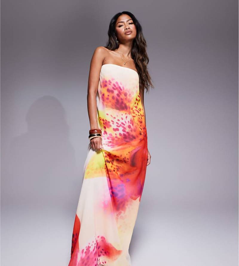 Murci - Exklusiv - Trapezförmiges, trägerloses Maxikleid aus Chiffon in Wollweiß mit Blumenprint von Murci