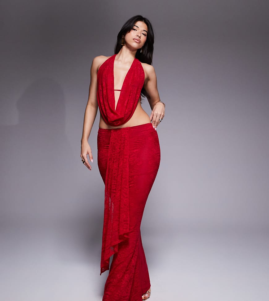 Murci - Exklusiver Netzstoff-Maxirock in Rot mit Drapierung und Schwalbenschwanz, Kombiteil von Murci