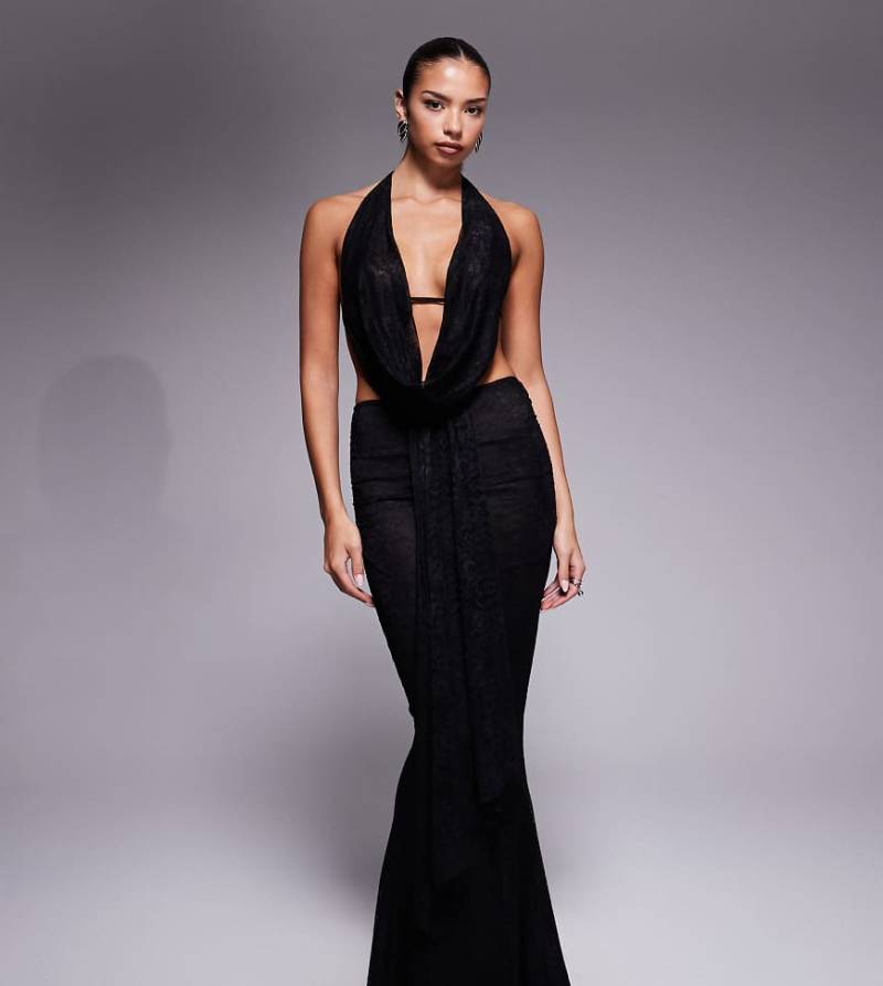 Murci - Exklusiver Netzstoff-Maxirock in Schwarz mit Drapierung und Schwalbenschwanz, Kombiteil von Murci