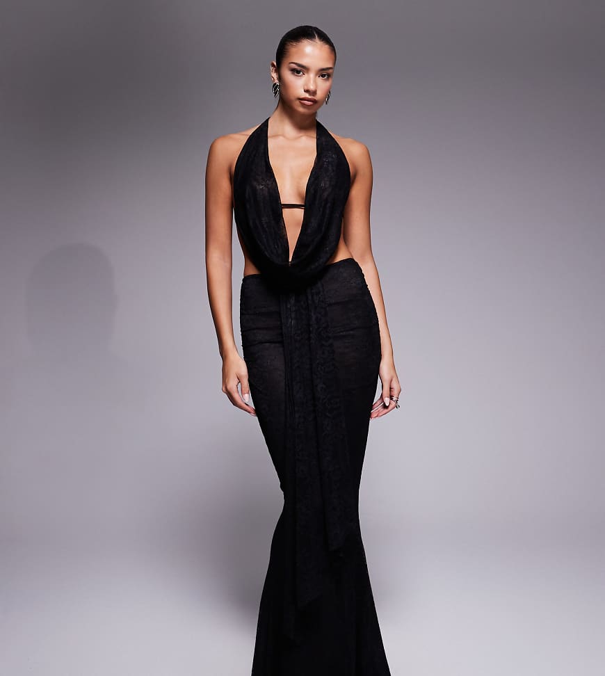 Murci - Exklusiv - Spitzen-Maxirock in Schwarz mit Drapierung und Meerjungfrauensaum, Kombiteil von Murci