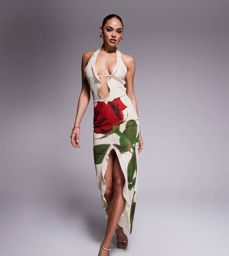 Murci - Exklusives, gerüschtes Netzstoff-Maxikleid in Cremeweiß mit Neckholder, tiefem Ausschnitt, Schlitz, Rückenausschnitt und Rosenprint-Bunt von Murci